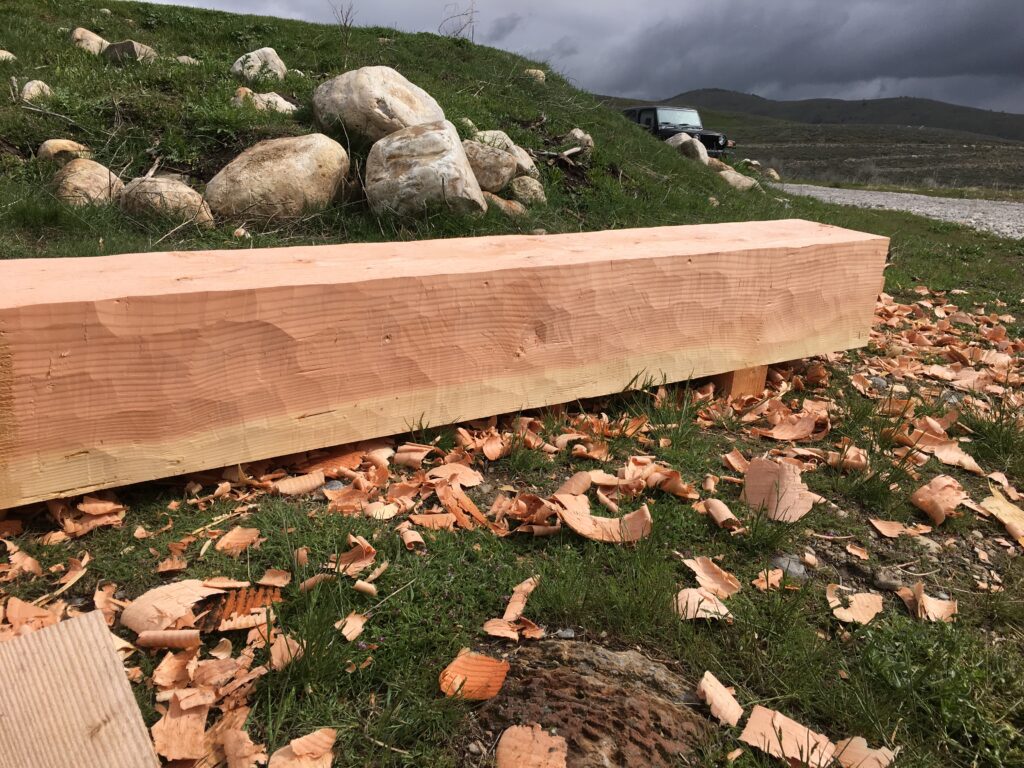 Hand hewn timber on grass