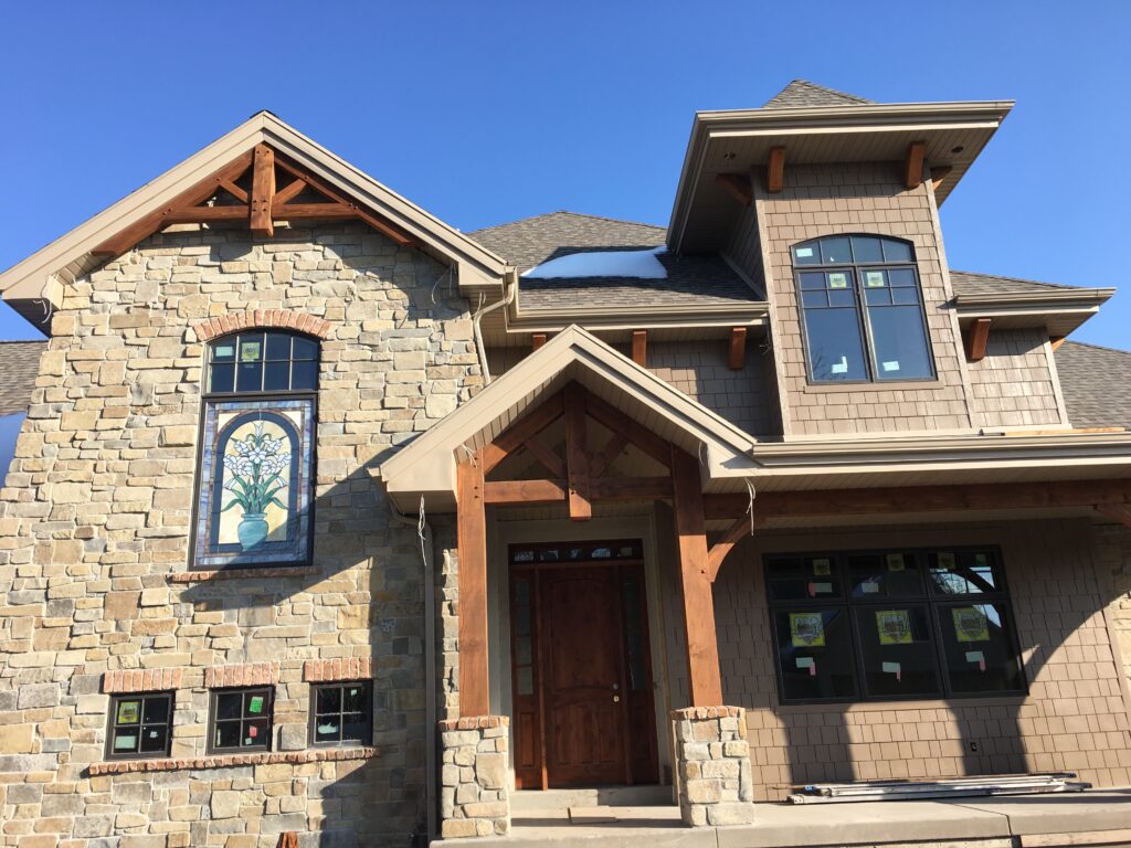 amazing timber framed structure with rock work